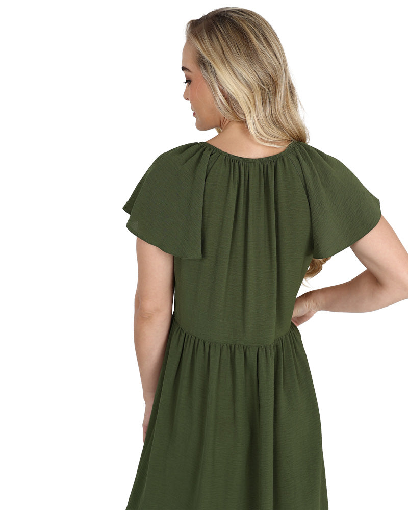 Olive Flutter Sleeve Knee Length Dress