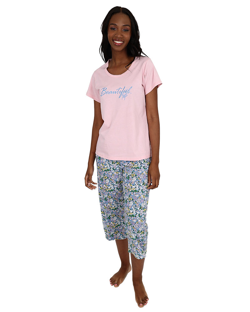 Short Sleeve "Beautiful" Pink Floral Capri Pyjama Set