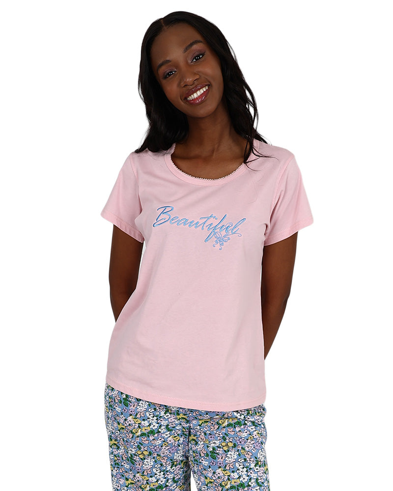 Short Sleeve "Beautiful" Pink Floral Capri Pyjama Set