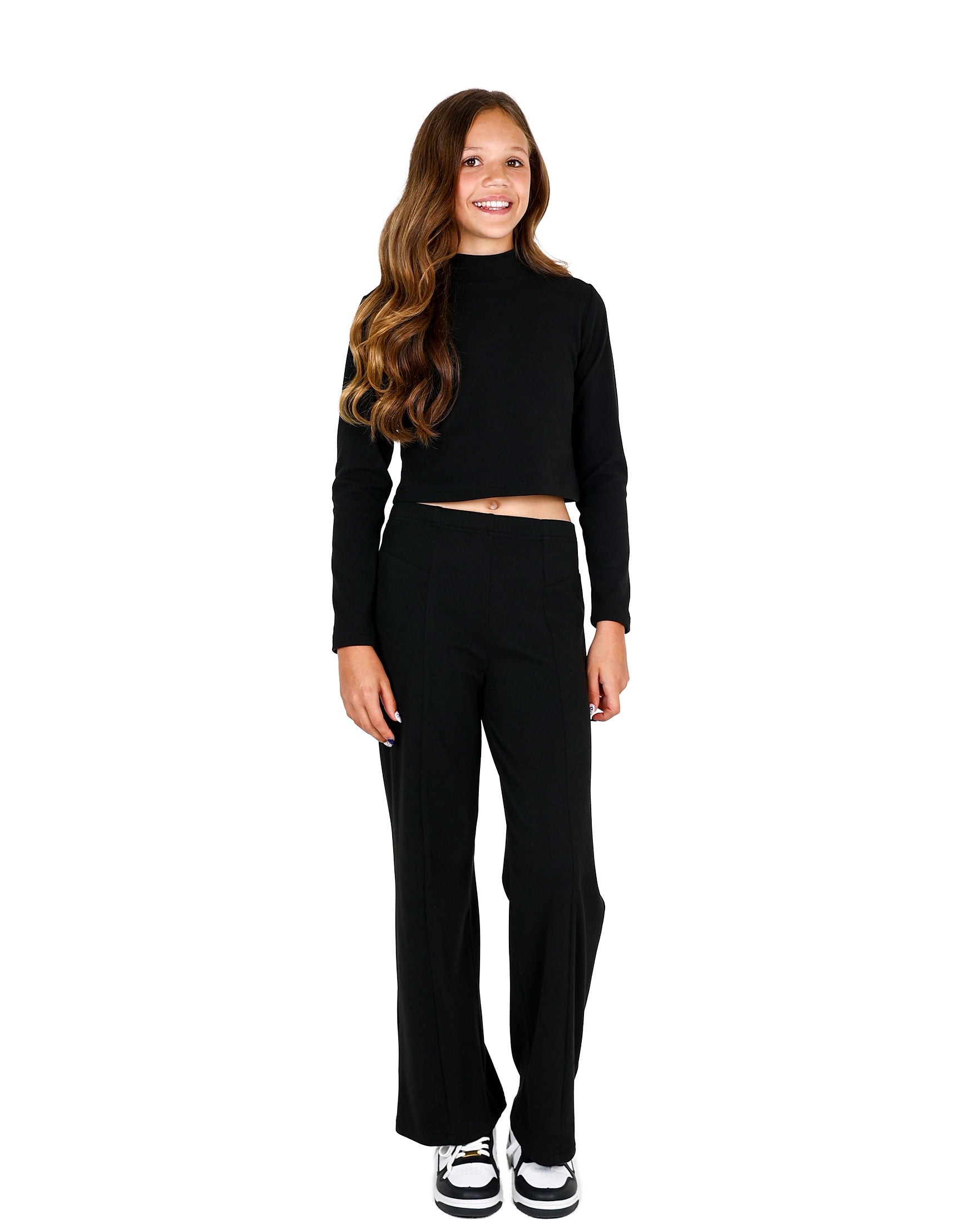 Black Double Brushed Wide Leg Panelled Leggings