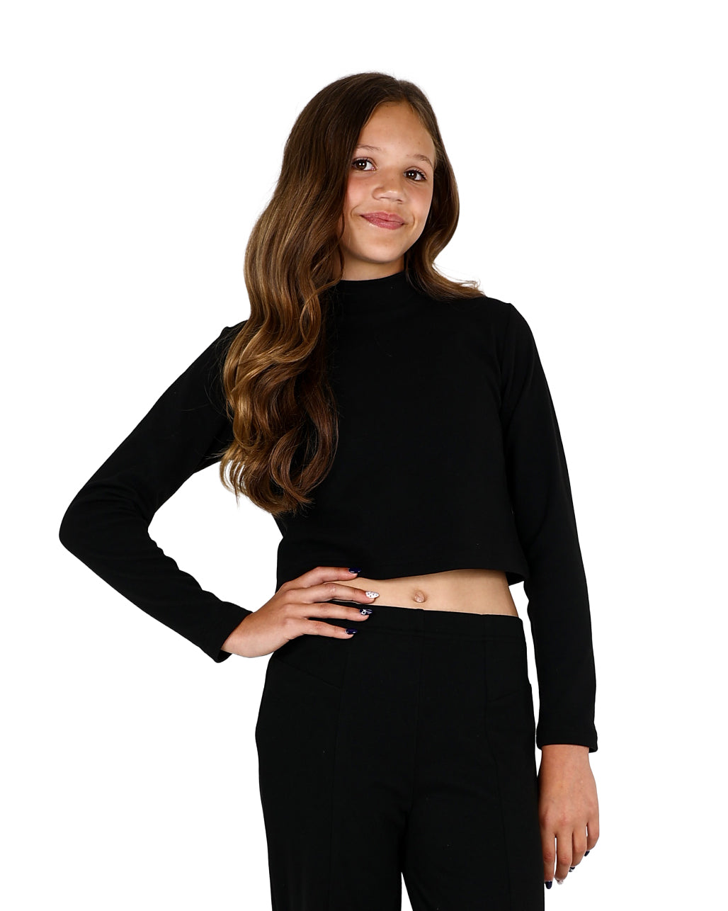 Black Long Sleeve Double Brushed Crop Top