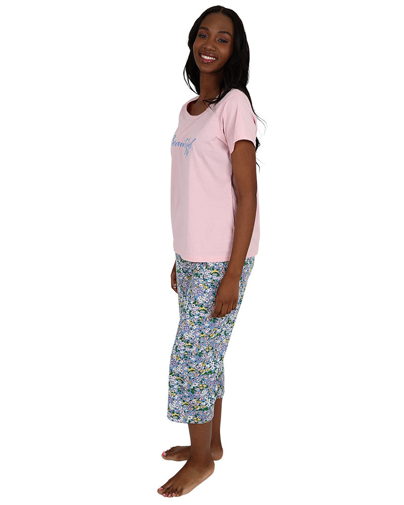 Short Sleeve "Beautiful" Pink Floral Capri Pyjama Set