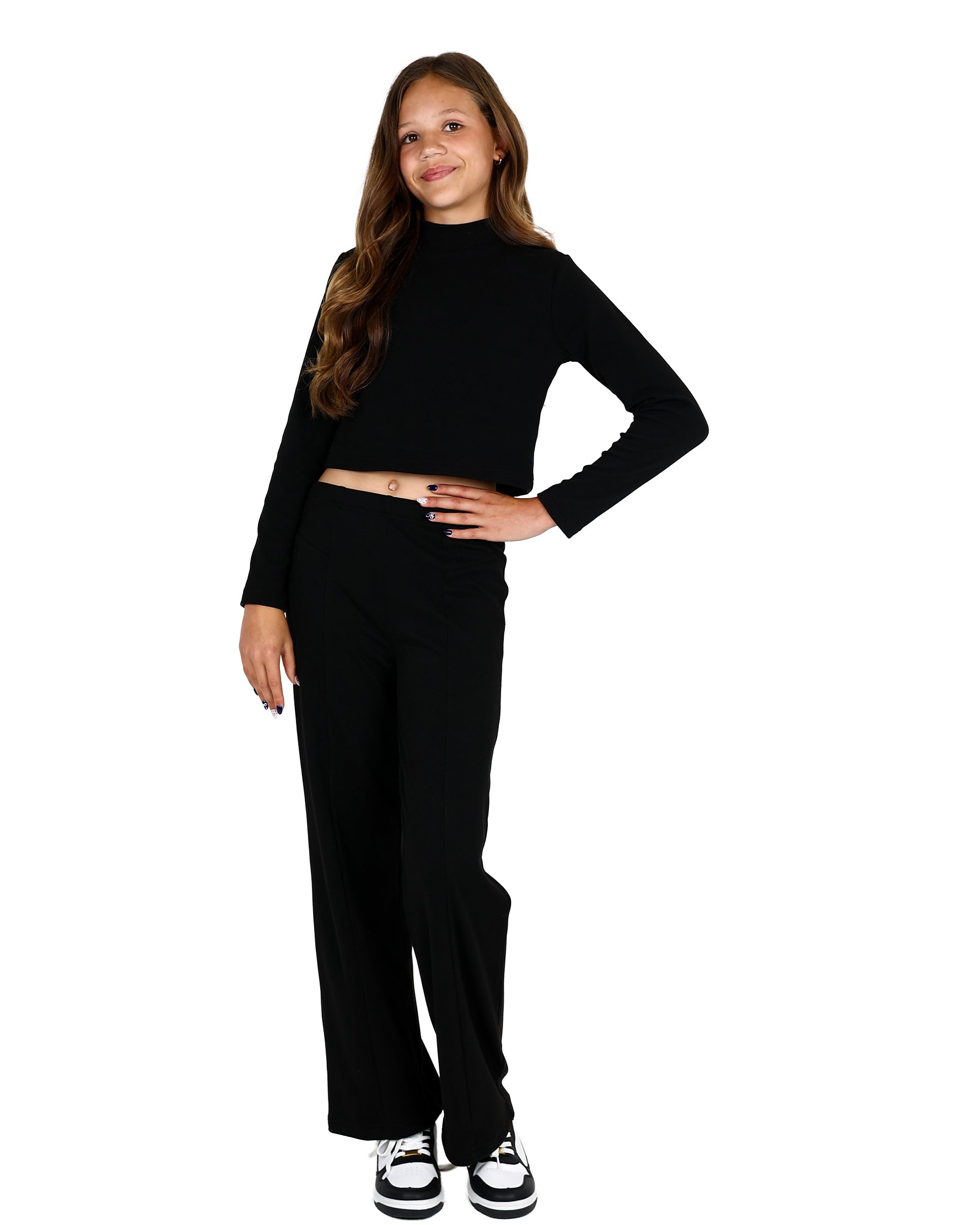 Black Double Brushed Wide Leg Panelled Leggings