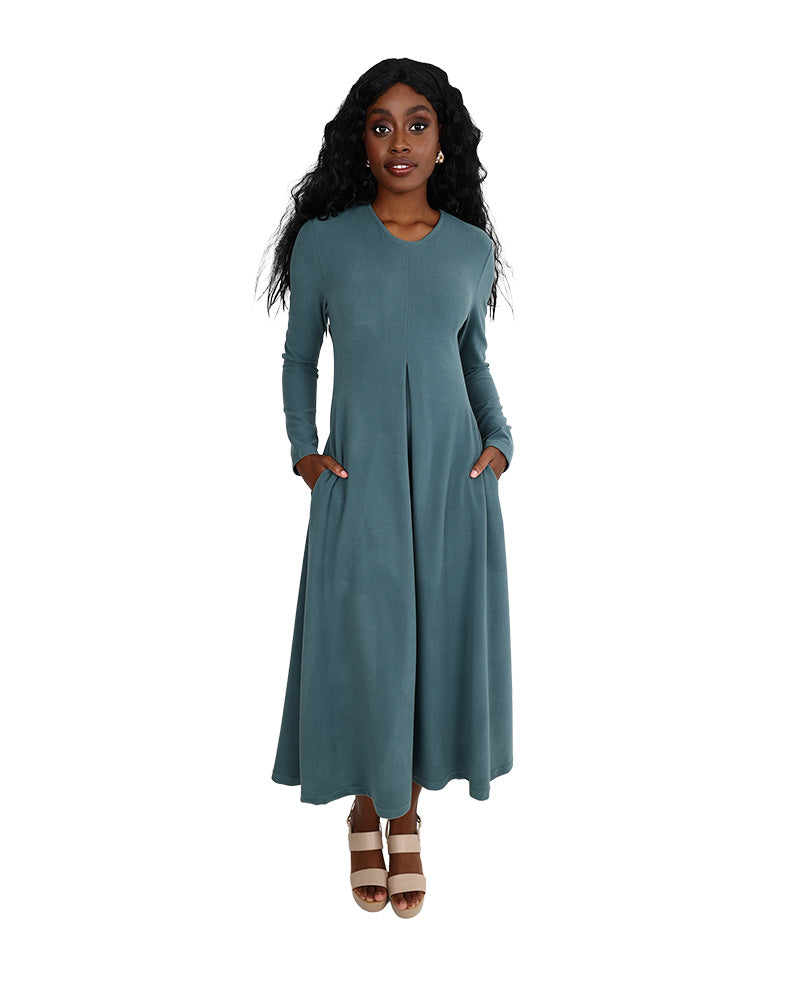 Long Sleeve Teal Inverted front Pleat Maxi Dress