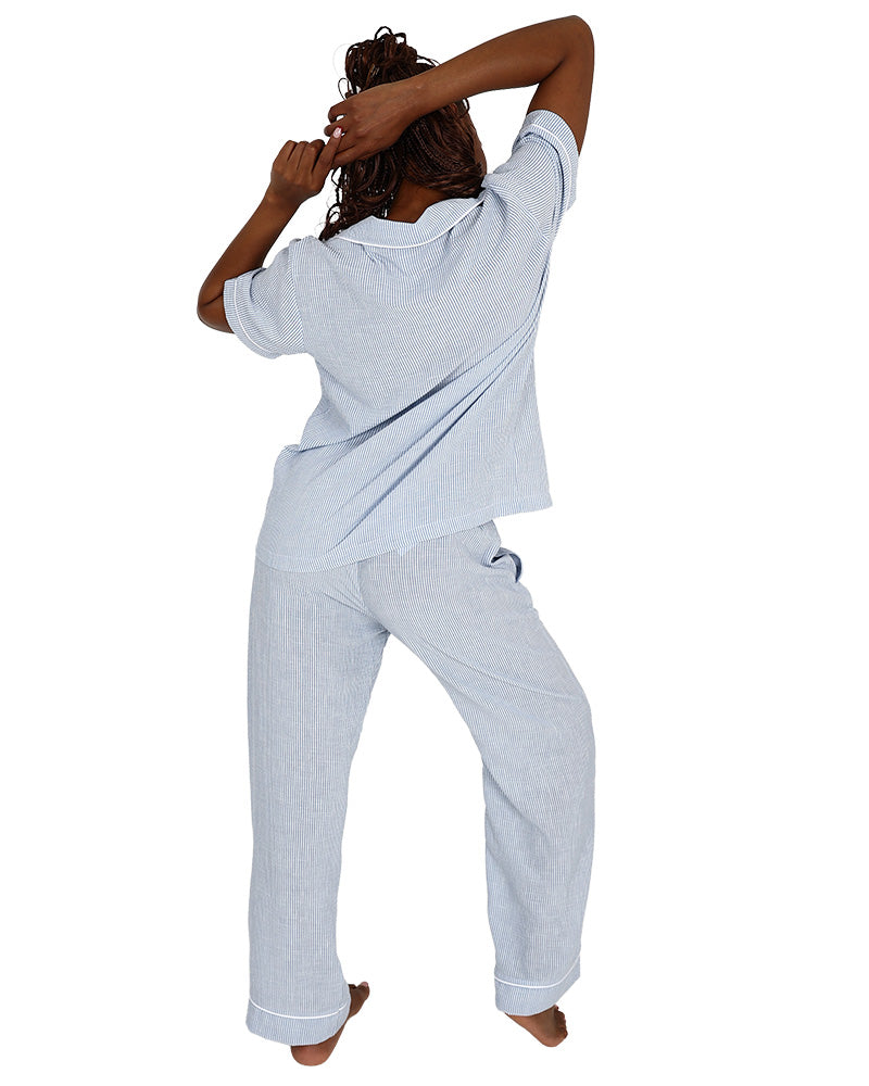 Short Sleeve Blue Stripe Button Up Pyjama Set