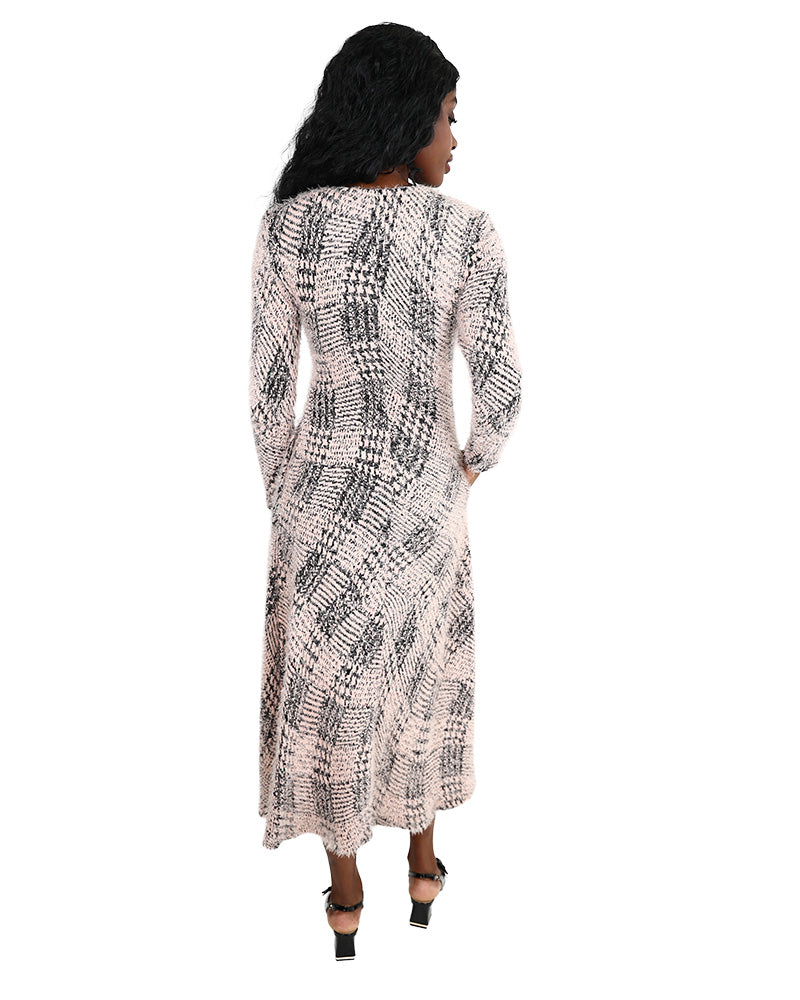 Long Sleeve Printed French Knit Midi Dress