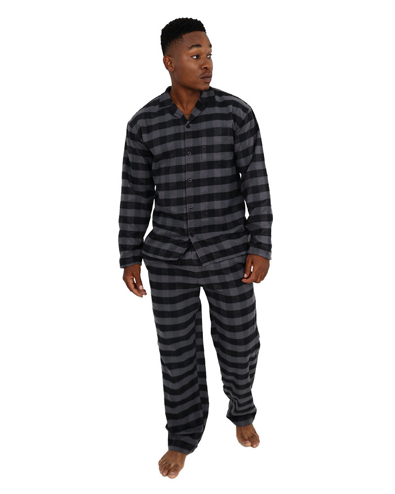 Long Sleeve Black & Grey Check Flannel Long Pyjama Set