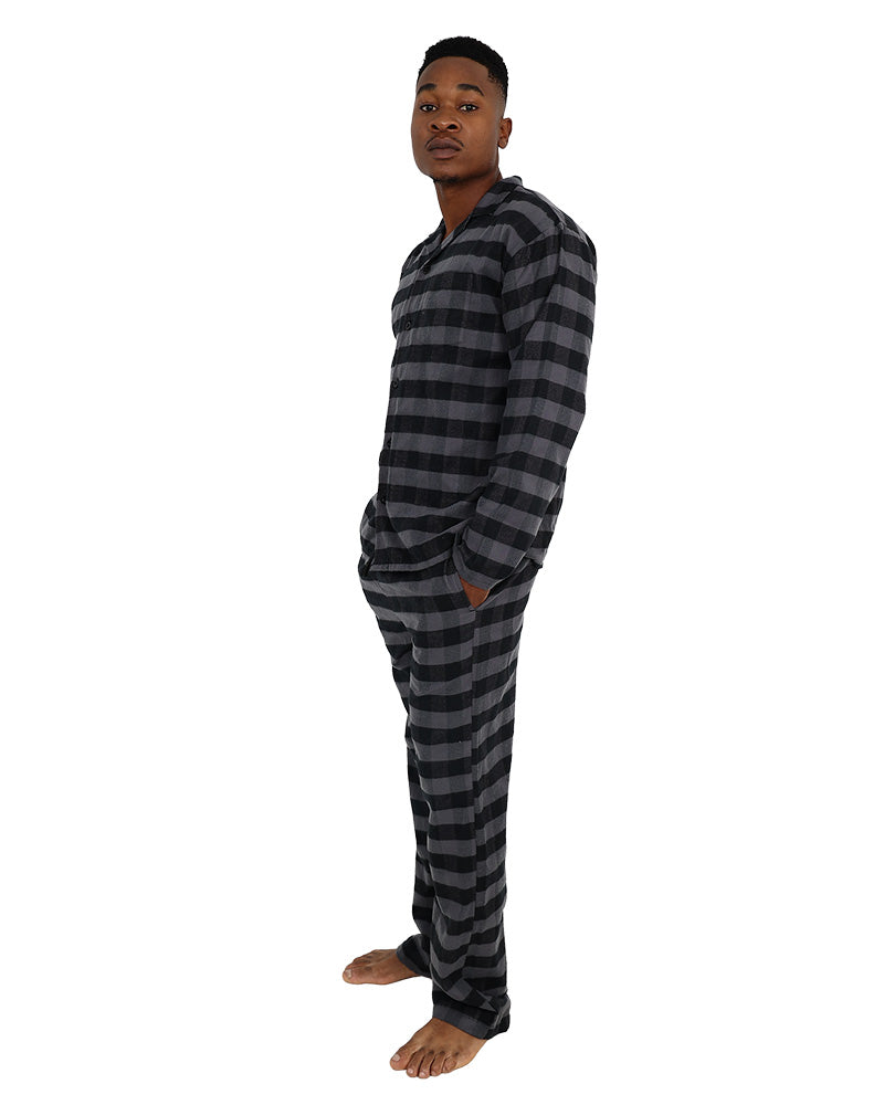 Long Sleeve Black & Grey Check Flannel Long Pyjama Set