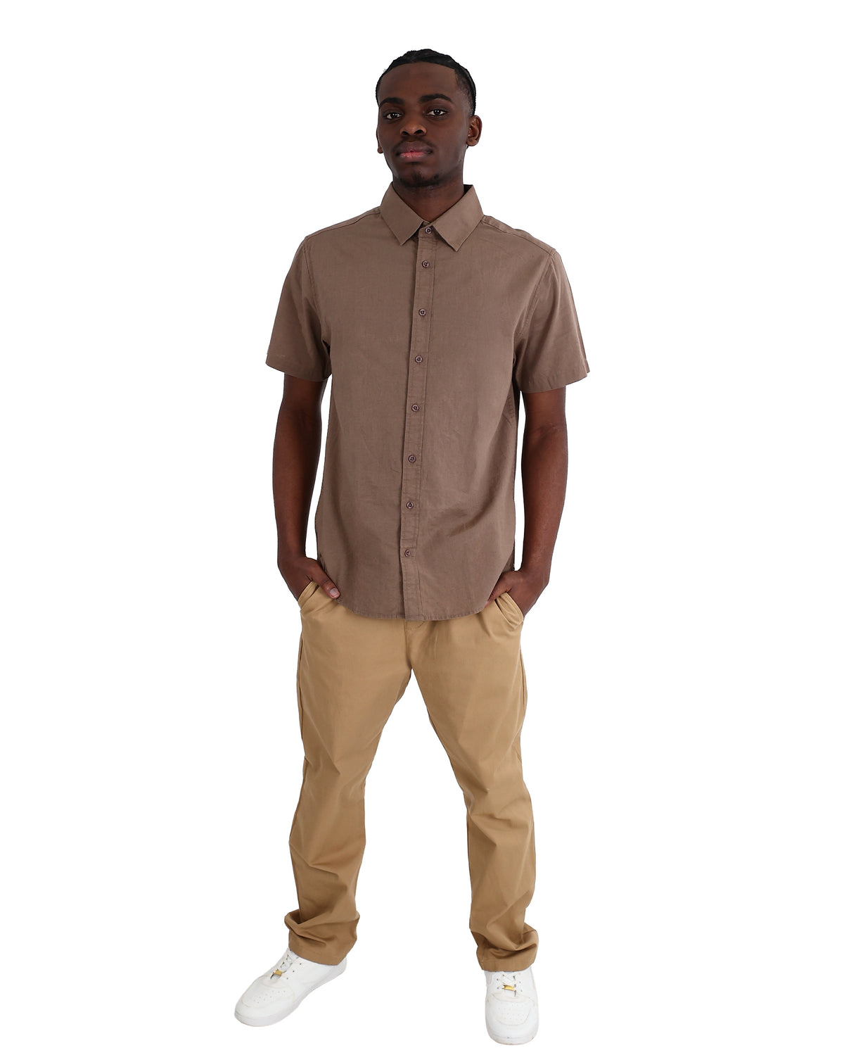 Short Sleeve Taupe Linen Look Shirt