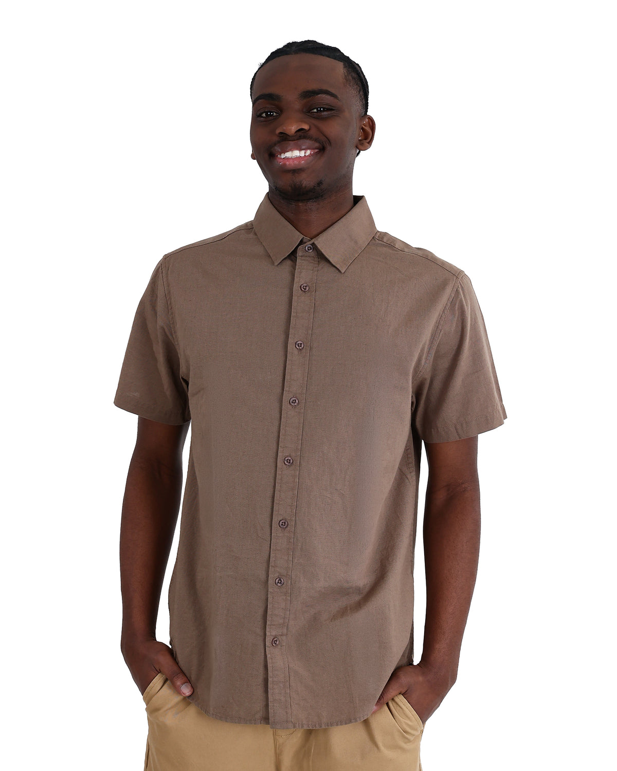 Short Sleeve Taupe Linen Look Shirt