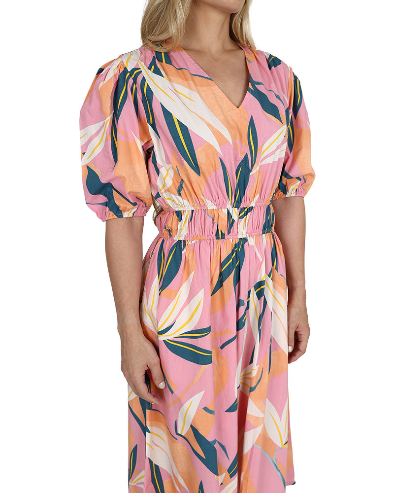 Short Puff Sleeve Coral Leaf Print Midi Dress