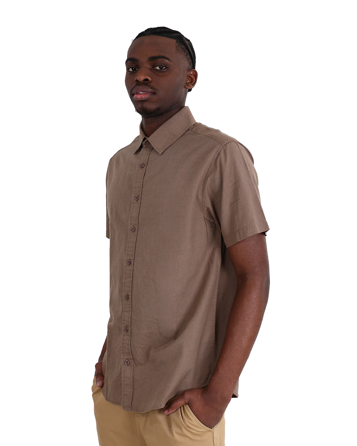 Short Sleeve Taupe Linen Look Shirt