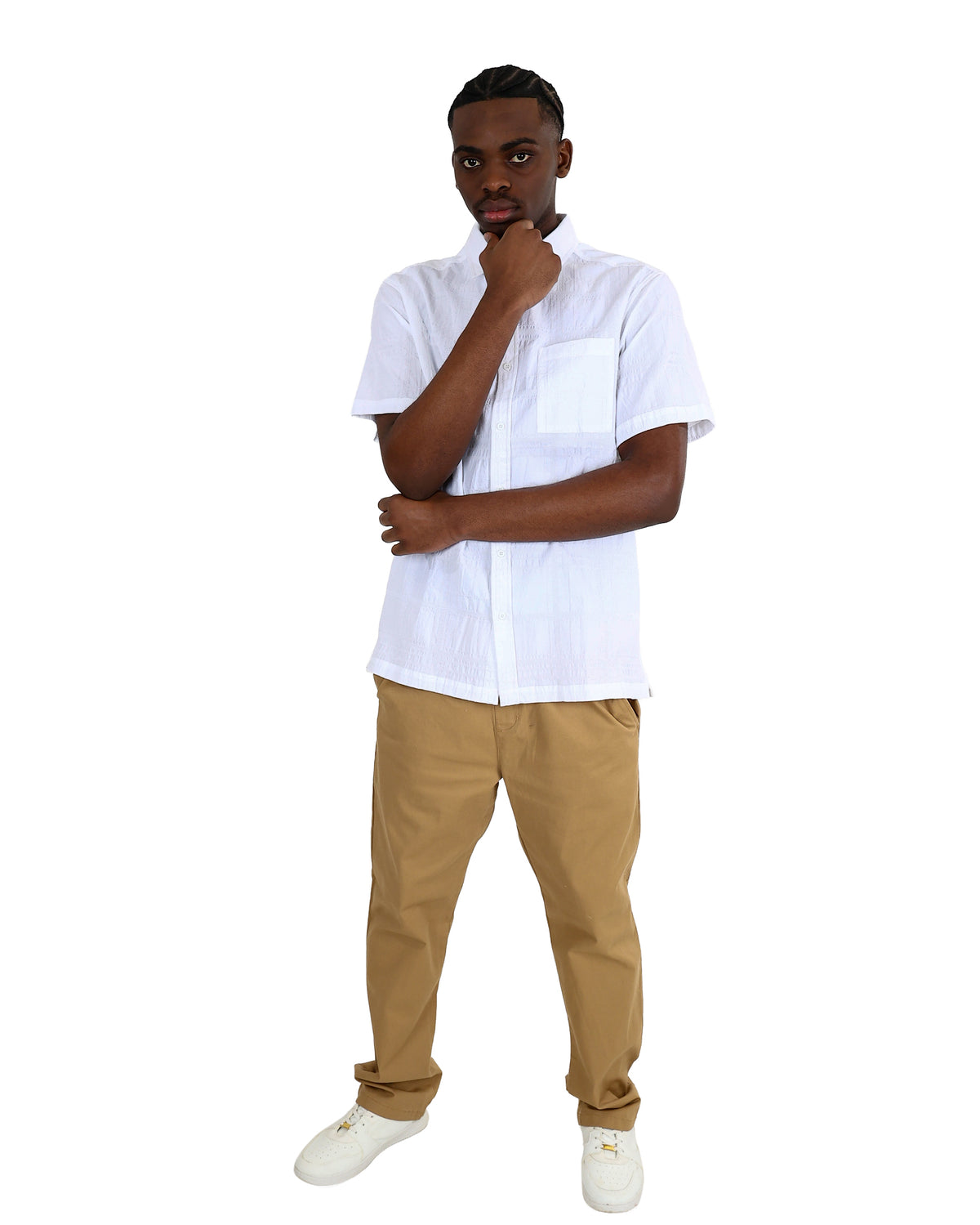 Short Sleeve White Check Embroidered Cotton Shirt