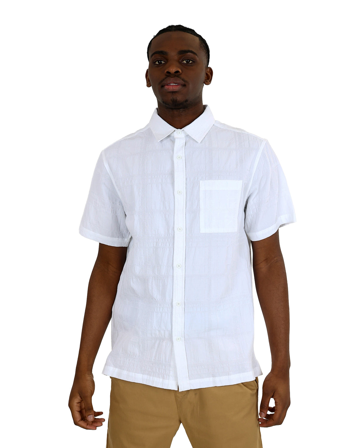 Short Sleeve White Check Embroidered Cotton Shirt
