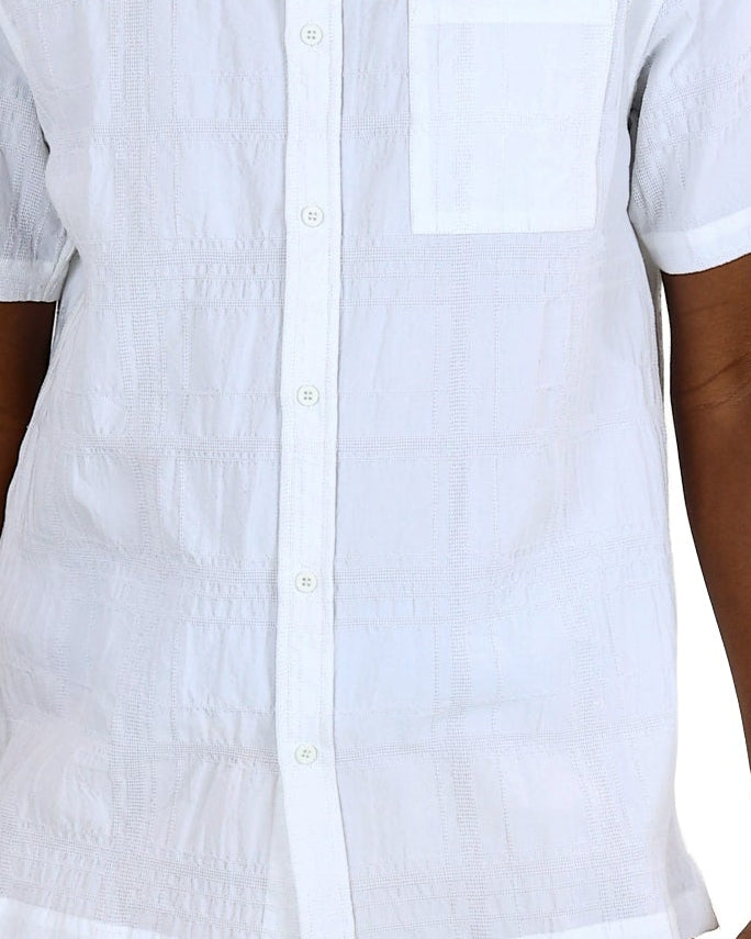 Short Sleeve White Check Embroidered Cotton Shirt