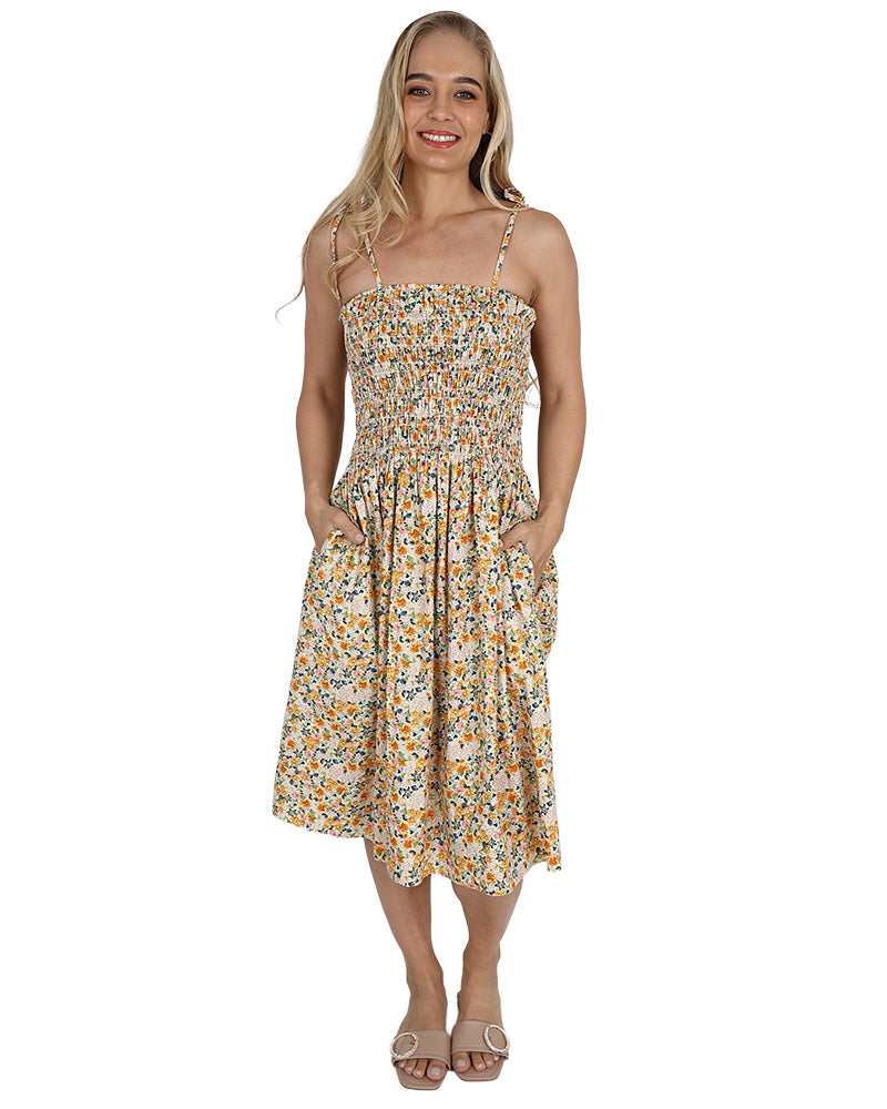 Strappy Yellow Floral Print Smocked Knee Length Dress