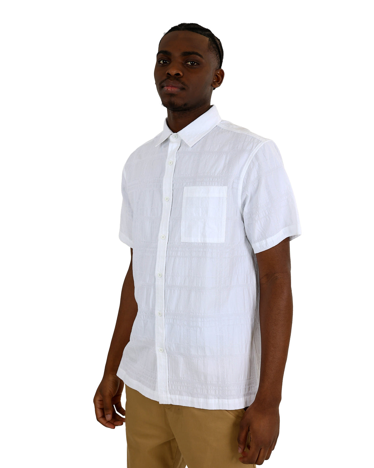 Short Sleeve White Check Embroidered Cotton Shirt