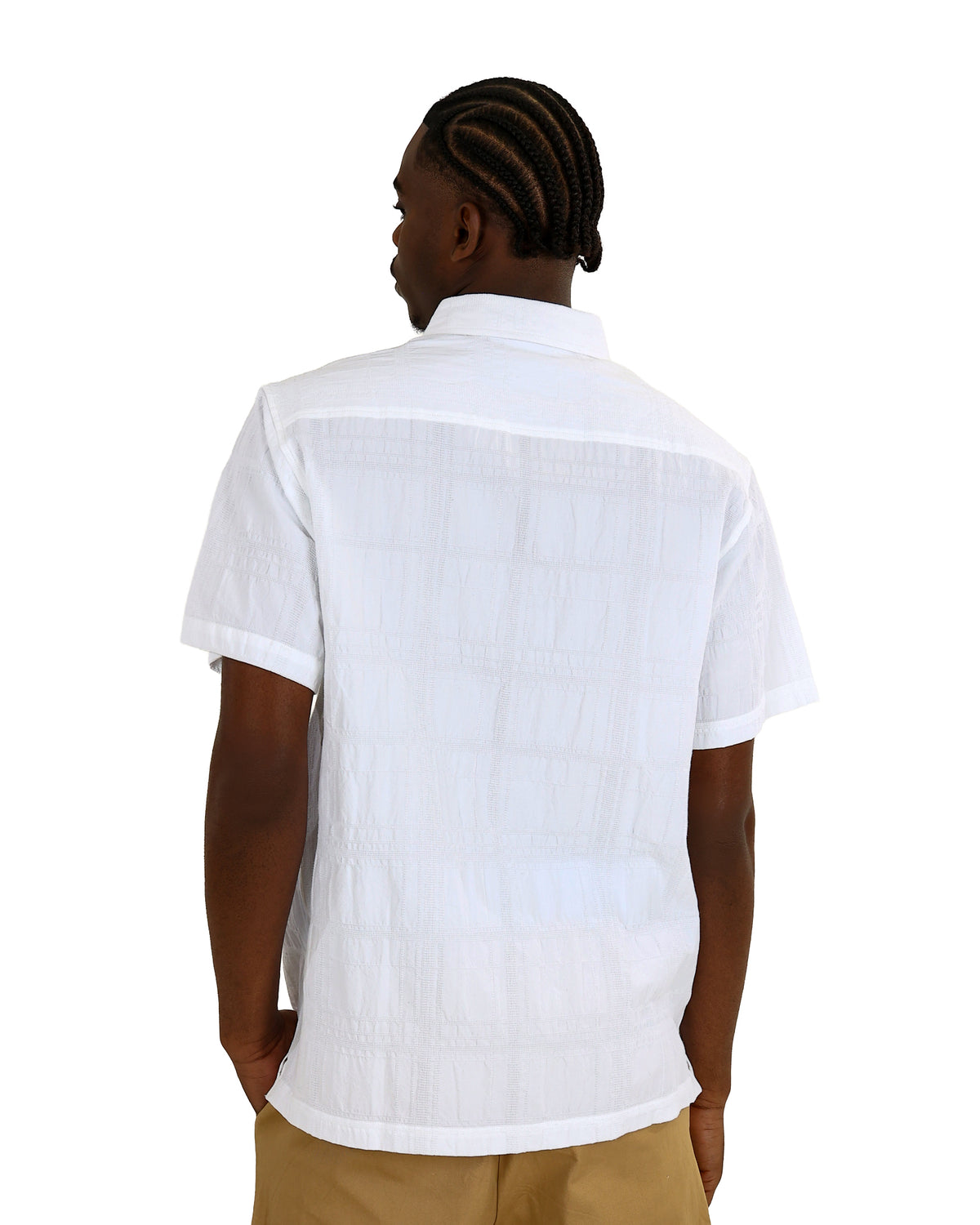 Short Sleeve White Check Embroidered Cotton Shirt