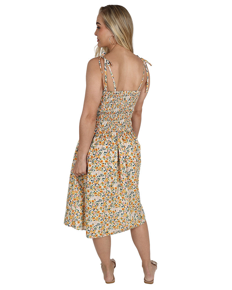 Strappy Yellow Floral Print Smocked Knee Length Dress