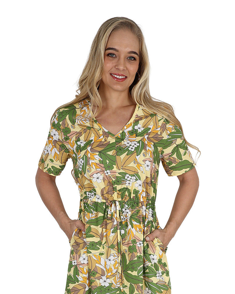 Short Sleeve Elastic Waist Green Leaf Print Knee Length Dress