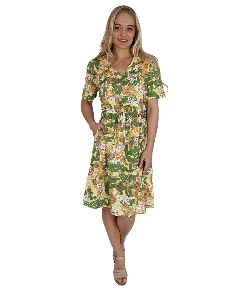 Short Sleeve Elastic Waist Green Leaf Print Knee Length Dress