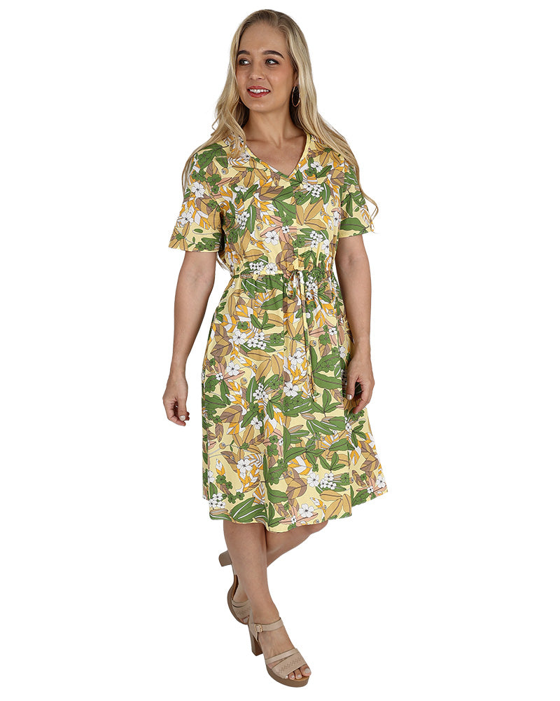 Short Sleeve Elastic Waist Green Leaf Print Knee Length Dress
