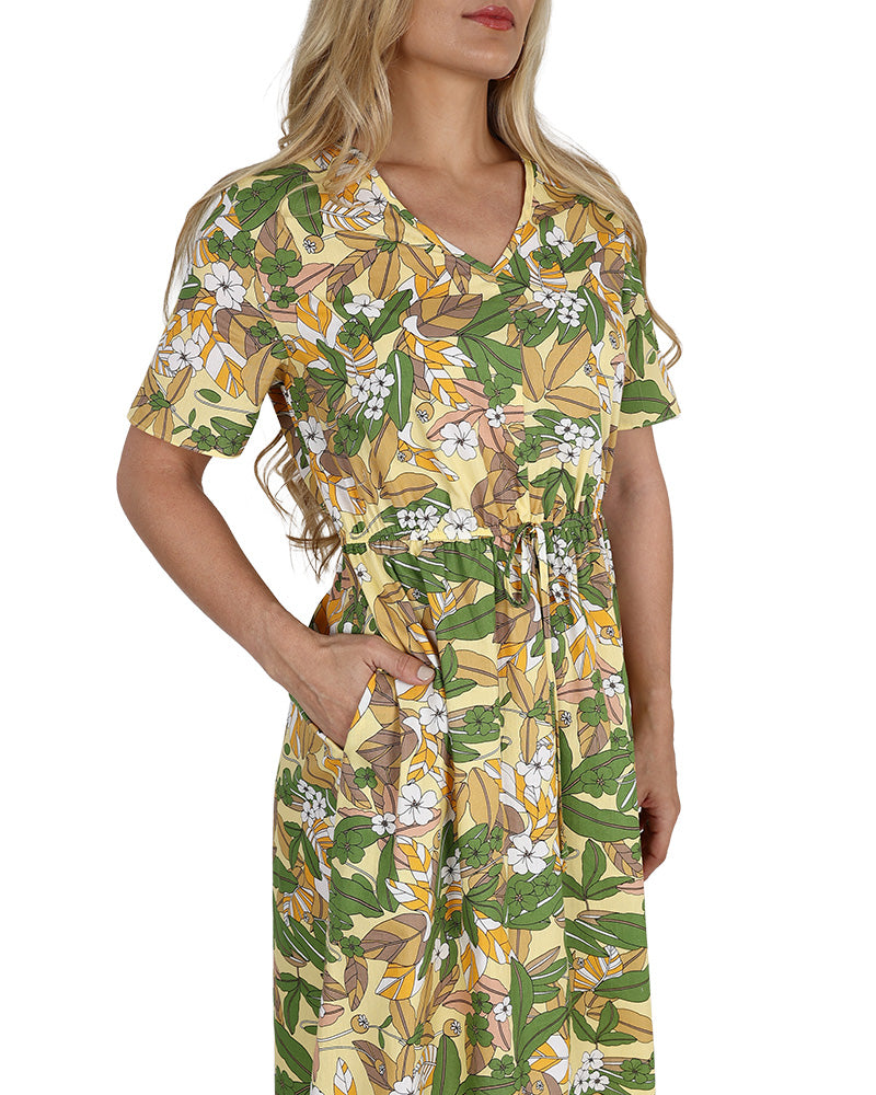 Short Sleeve Elastic Waist Green Leaf Print Knee Length Dress