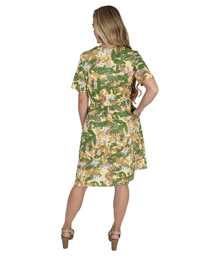Short Sleeve Elastic Waist Green Leaf Print Knee Length Dress