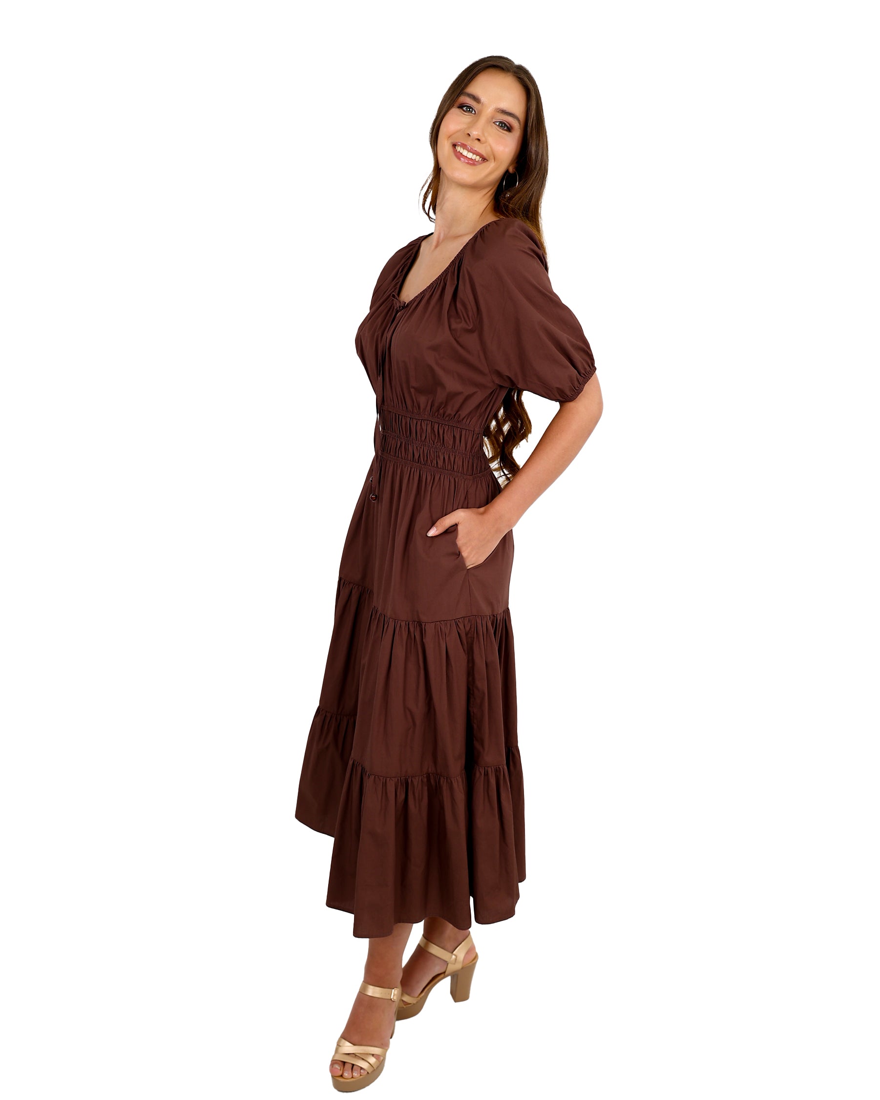 Tahlia Ruched Waist Tiered Cotton Midi Dress