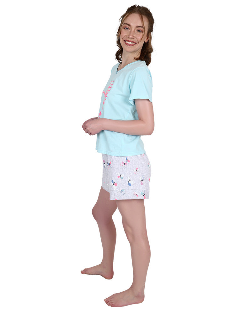 Short Sleeve Blue Butterfly Shorts Pyjama Set
