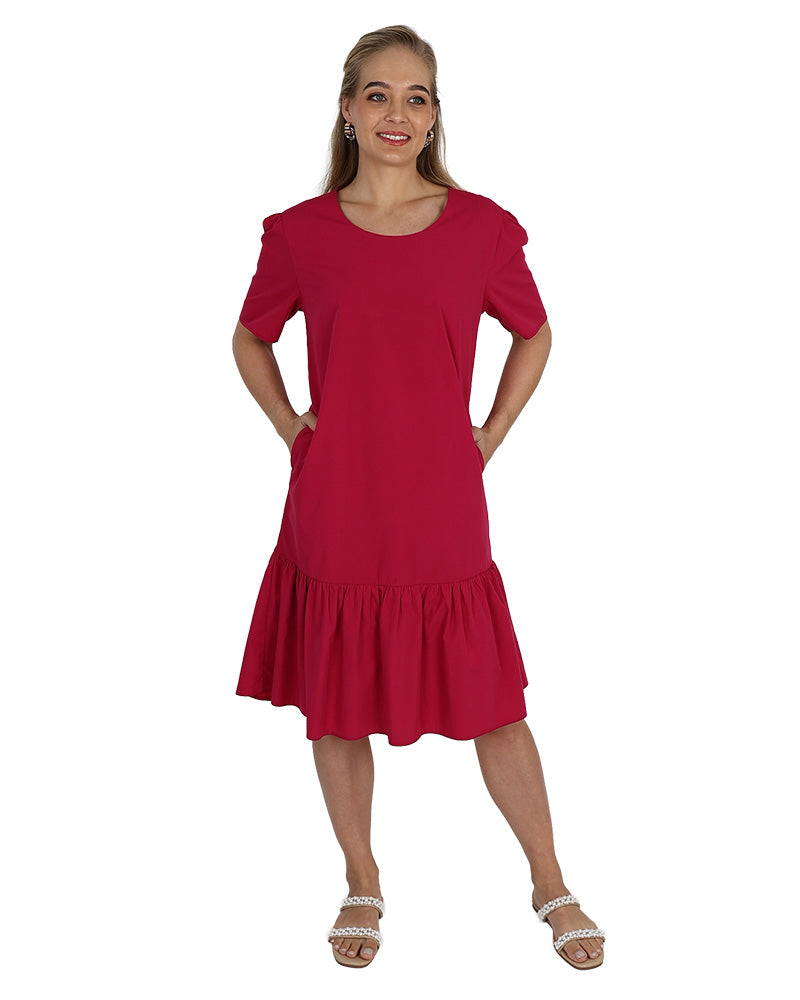 Short Sleeve Berry Knee Length Frill Detail Dress