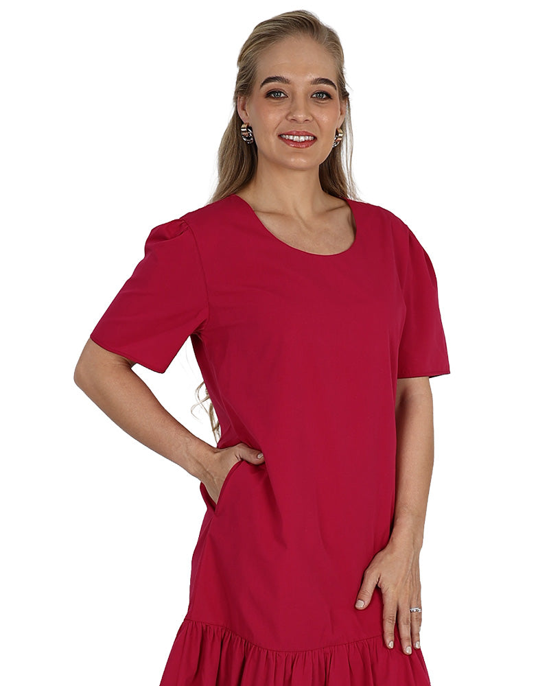Short Sleeve Berry Knee Length Frill Detail Dress