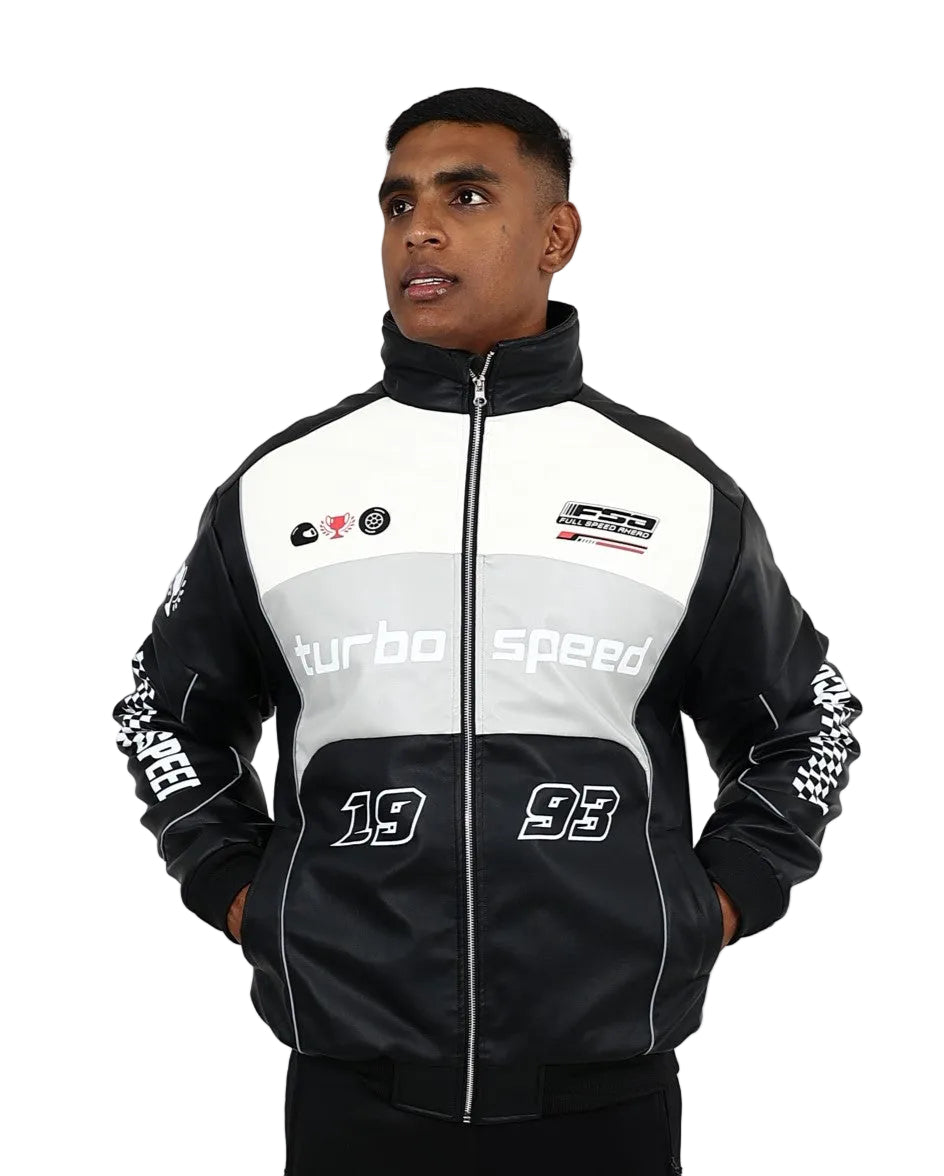 Black & Grey PU Racing Bomber Jacket