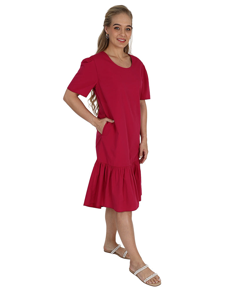 Short Sleeve Berry Knee Length Frill Detail Dress