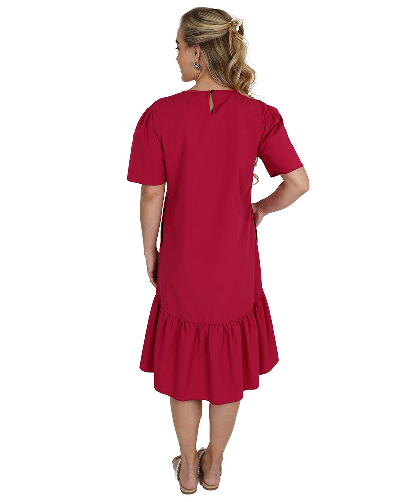 Short Sleeve Berry Knee Length Frill Detail Dress