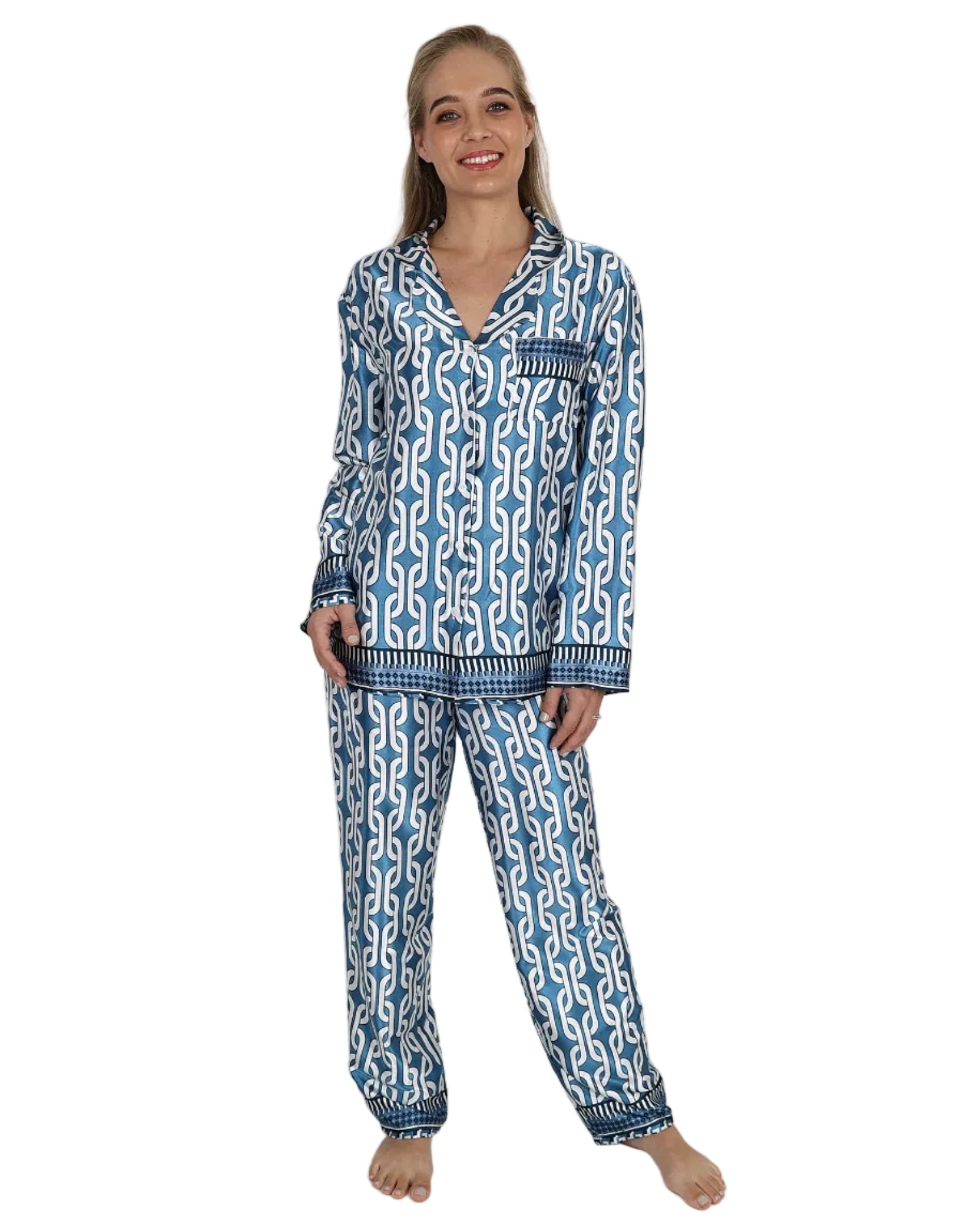 Long Sleeve Blue Damask Satin Pyjama Pant Set