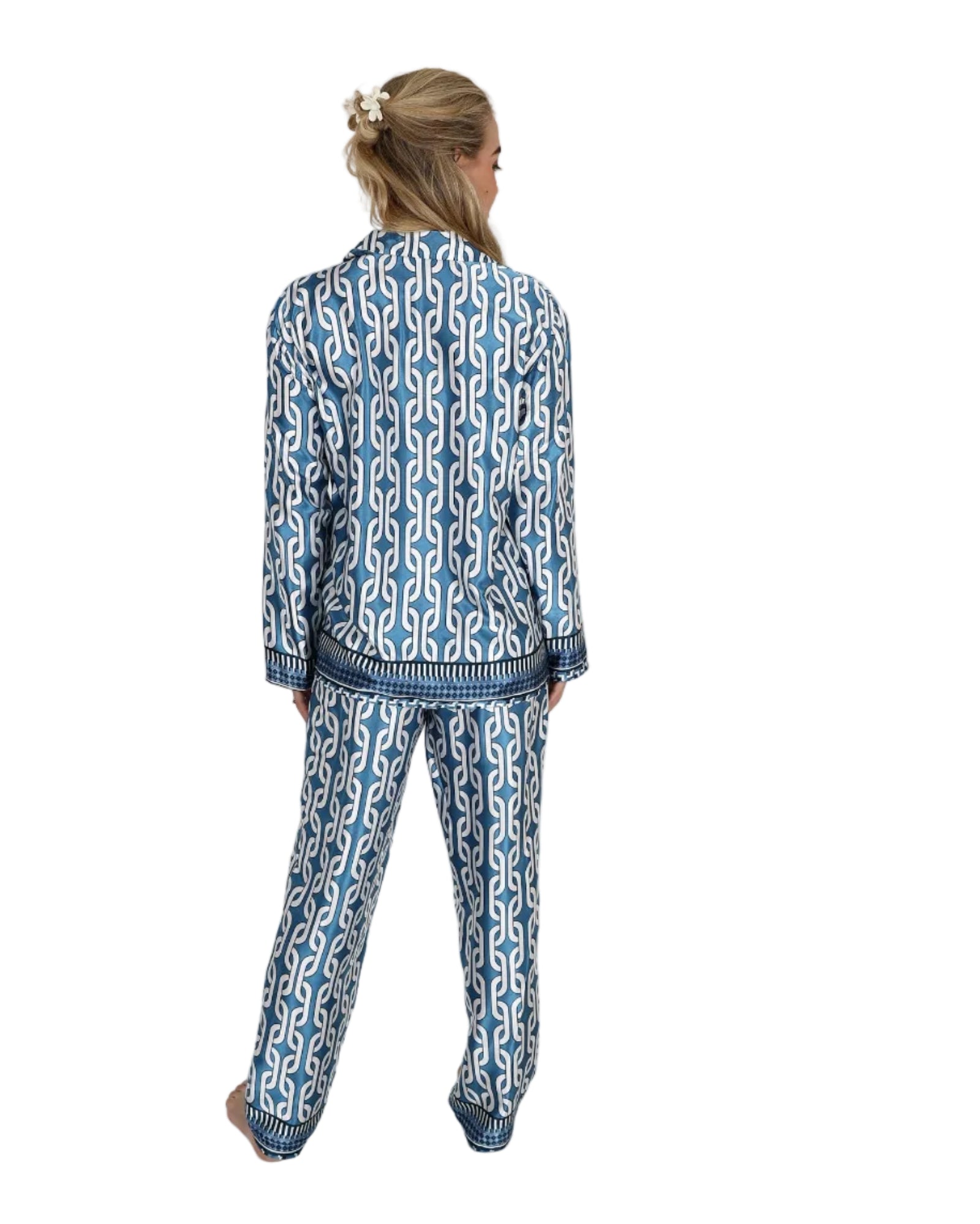 Long Sleeve Blue Damask Satin Pyjama Pant Set