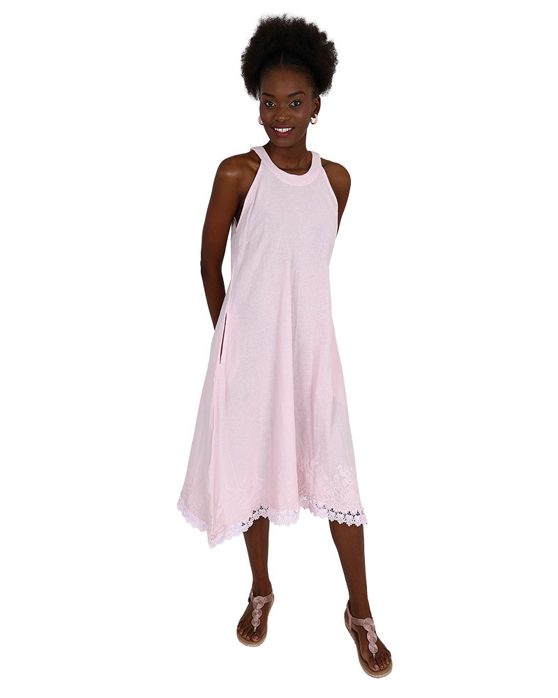Sleeveless Pink High Neck Embroidered Hem Detail Dress