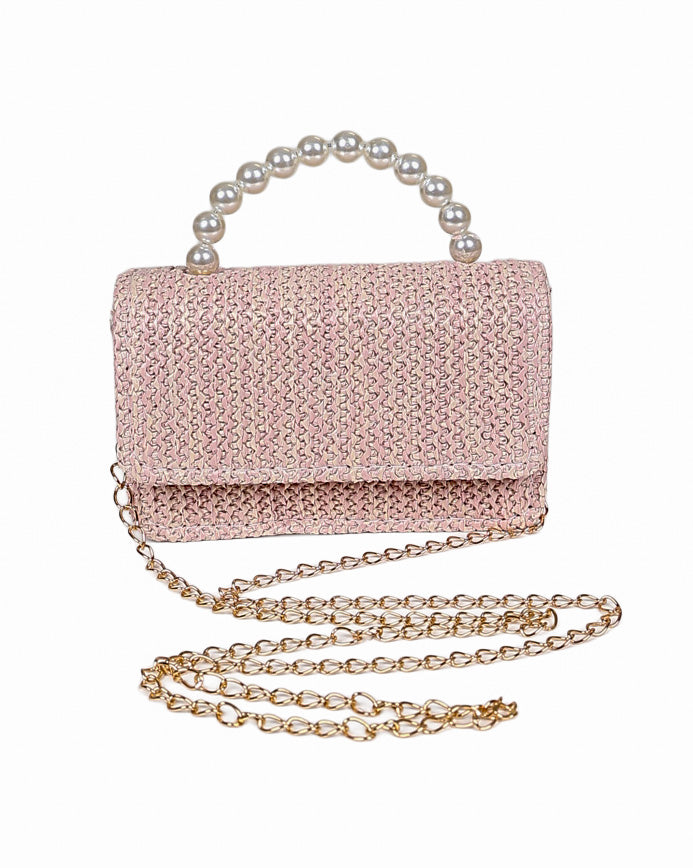 Pink Woven Pearl Handle Handbag