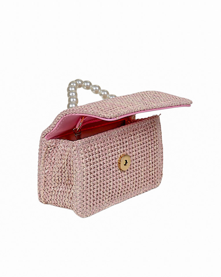 Pink Woven Pearl Handle Handbag