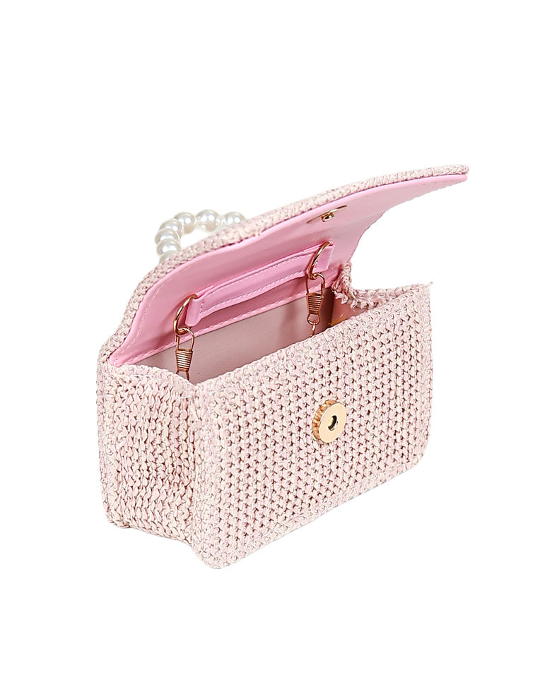 Pink Woven Pearl Handle Handbag