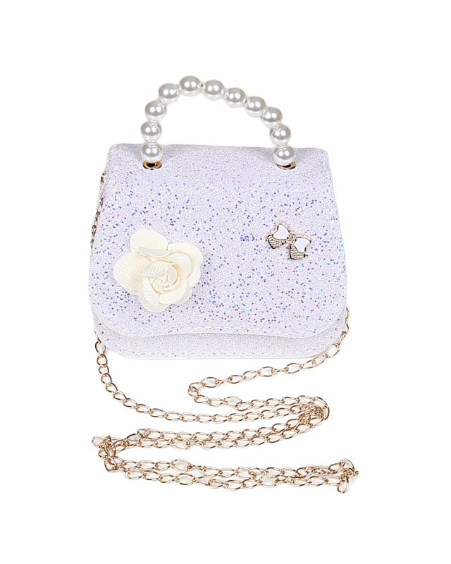 White Pearl Handle Glitter Handbag