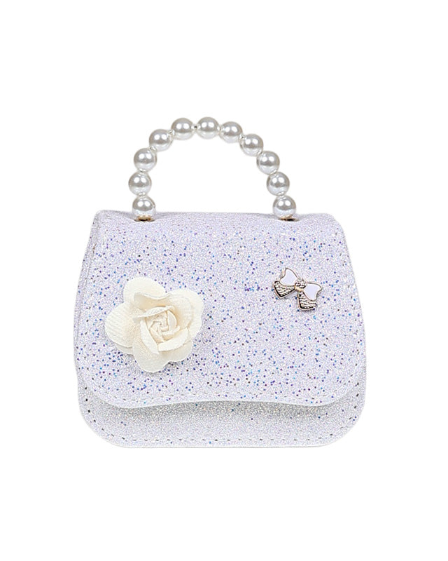 White Pearl Handle Glitter Handbag