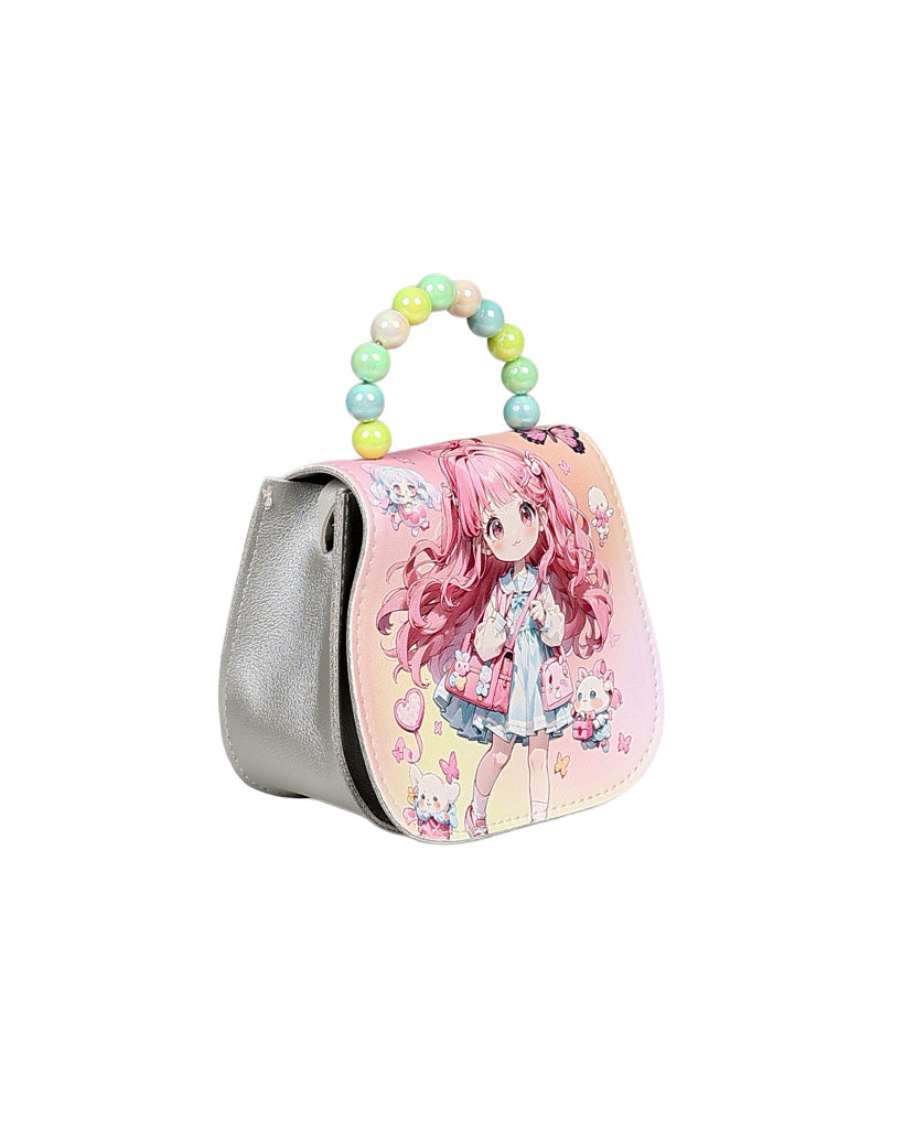 Beaded Handle Girls Silver Hand Bag