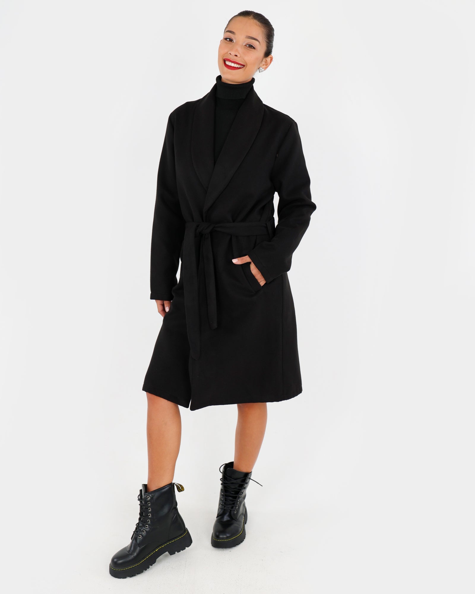 Oversized Belted Melton Coat Black