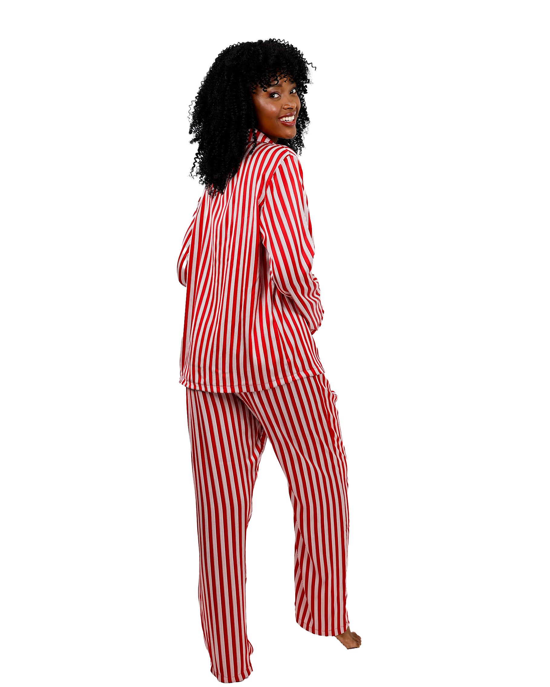 Long Sleeve Red & White Stripe Satin Pyjama Pants Set
