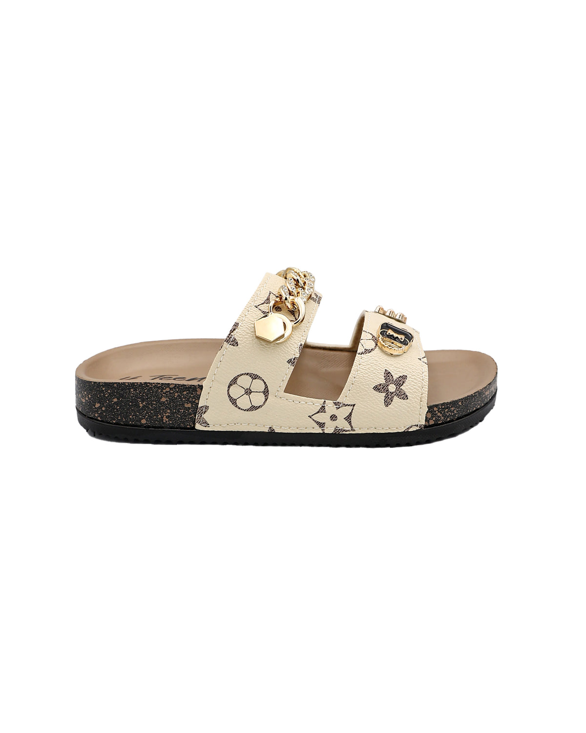 Girls Beige Double Band Charm Detail Slide