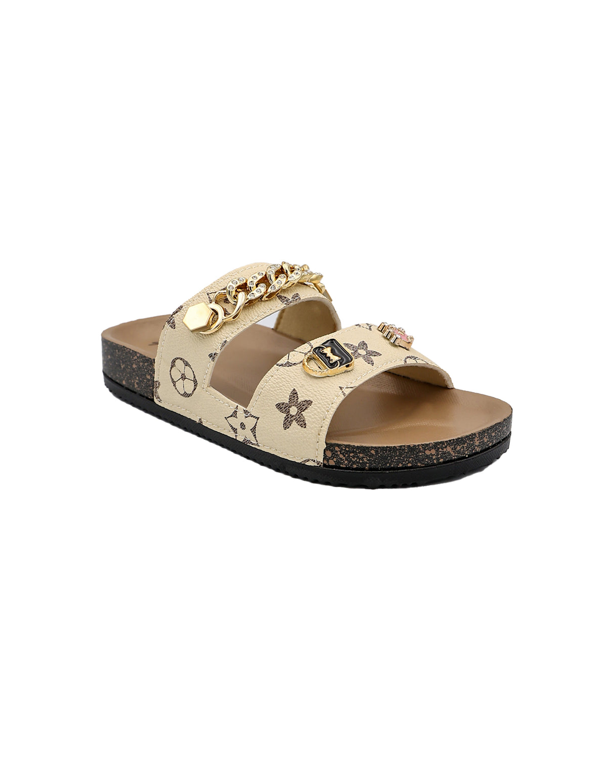 Girls Beige Double Band Charm Detail Slide