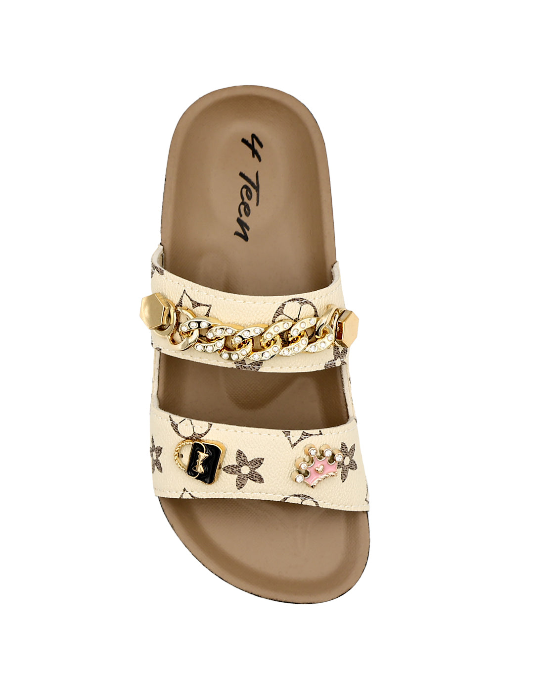 Girls Beige Double Band Charm Detail Slide