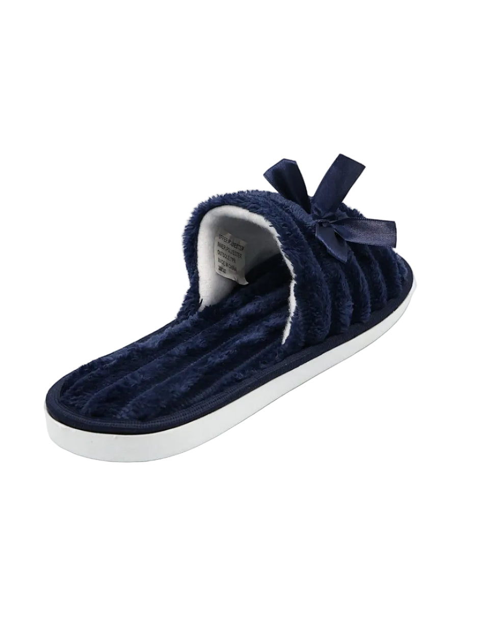 Navy Satin Bow Plush Band Slippers